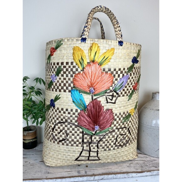Vintage 1980’s Large Straw Raffia Floral Print Palm Beach Tote / Island / Cruise - Picture 11 of 11